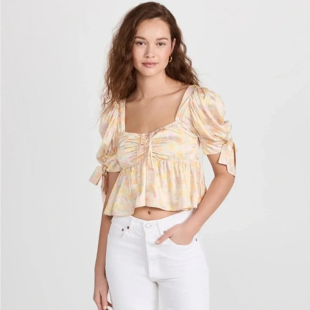 WAYF peasant floral Terry Top in yellow mini roses. Medium.